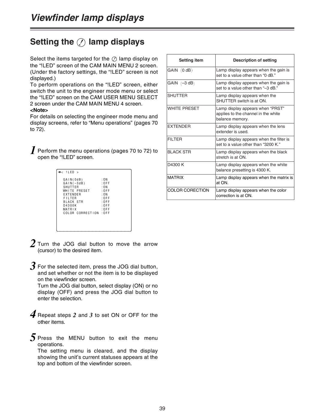 Panasonic AJ-HDC27A operating instructions Setting the lamp displays, Setting item Description of setting 