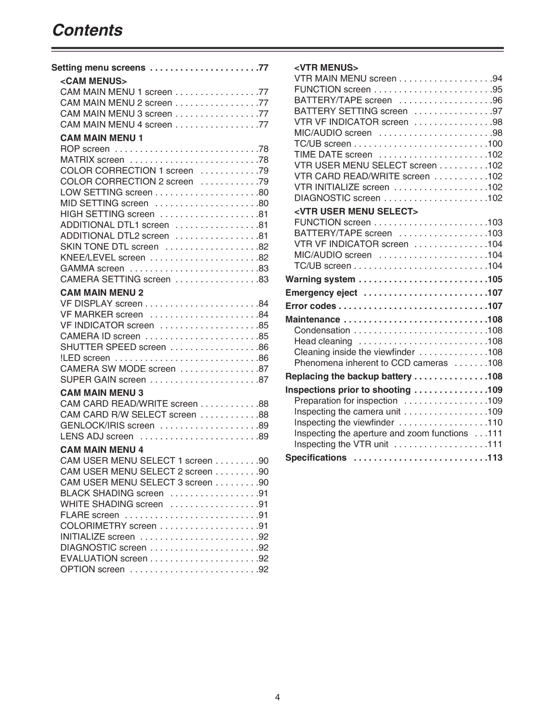 Panasonic AJ-HDC27A operating instructions Setting menu screens, CAM Menus 