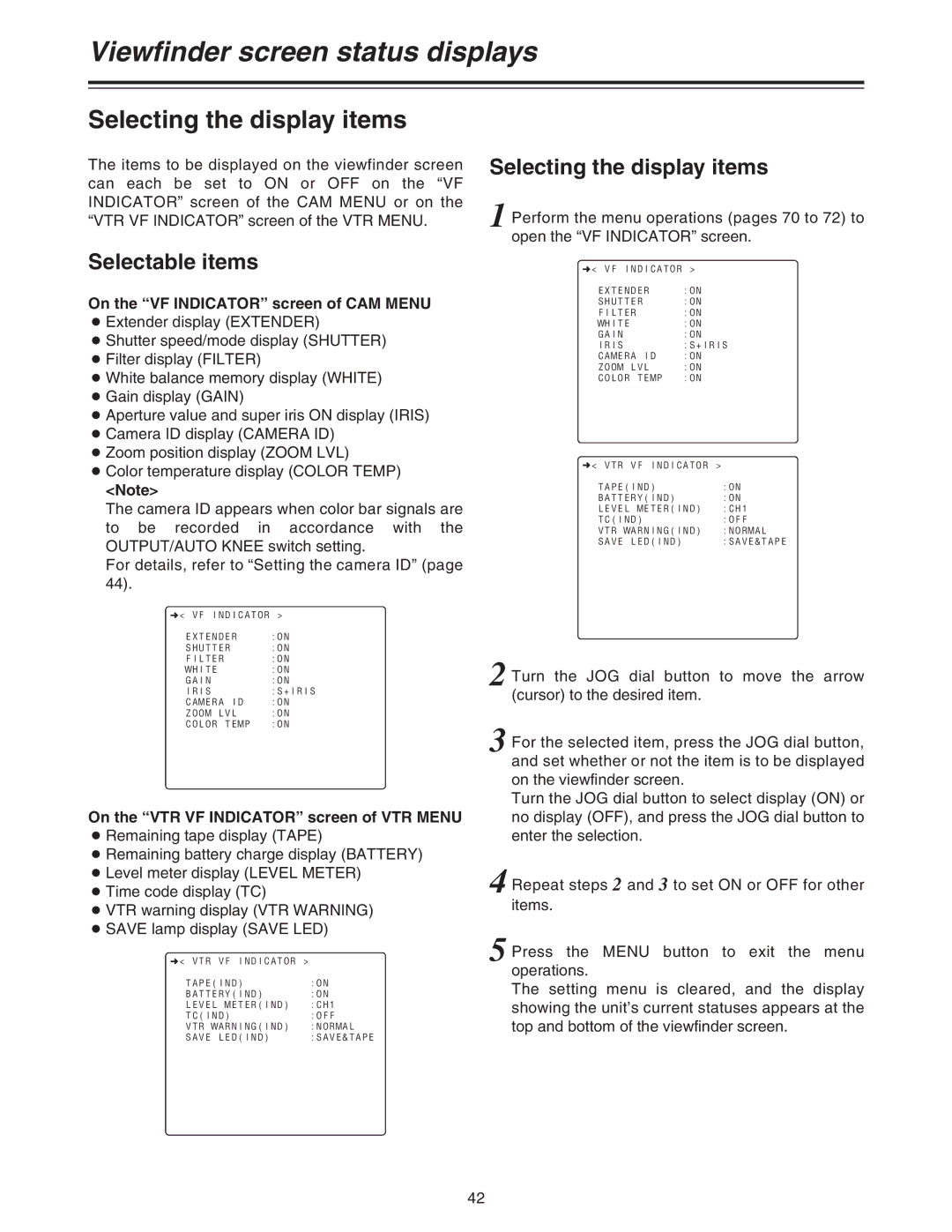 Panasonic AJ-HDC27A Selecting the display items, Selectable items, On the VF Indicator screen of CAM Menu 