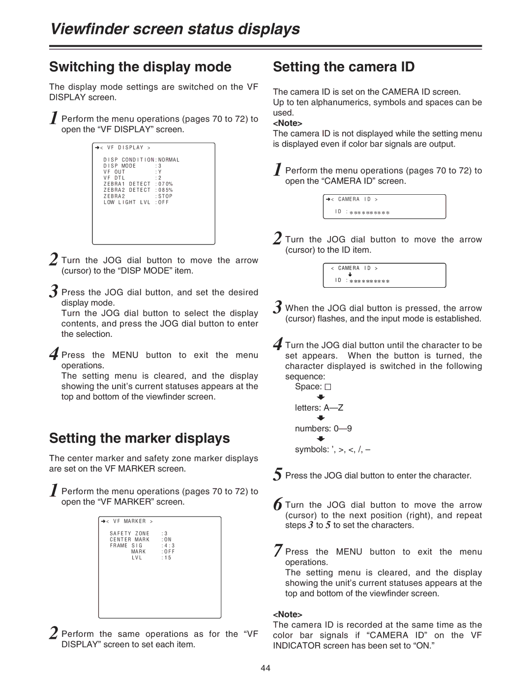 Panasonic AJ-HDC27A operating instructions Switching the display mode, Setting the camera ID, Setting the marker displays 