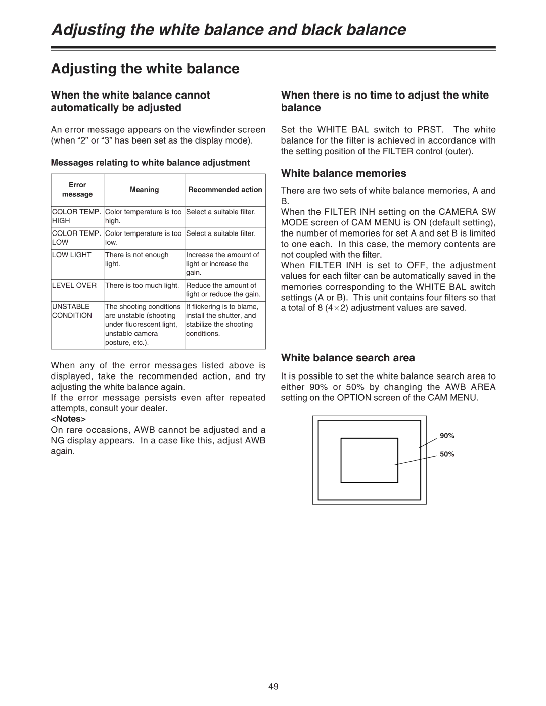 Panasonic AJ-HDC27A operating instructions When the white balance cannot automatically be adjusted, White balance memories 