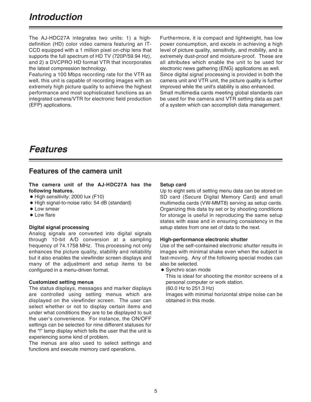 Panasonic AJ-HDC27A operating instructions Introduction, Features of the camera unit 