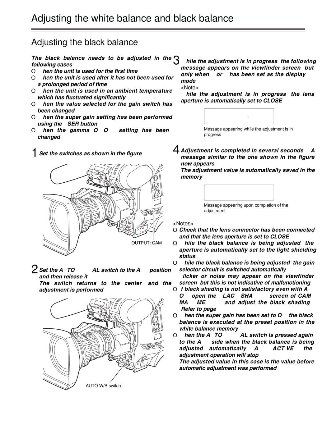 Panasonic AJ-HDC27A operating instructions Adjusting the black balance, Auto W/B switch 