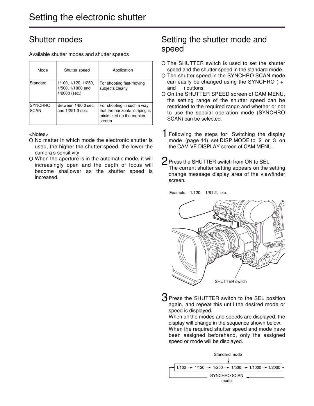 Panasonic AJ-HDC27A Setting the electronic shutter, Shutter modes, Setting the shutter mode and speed, Synchro Scan 