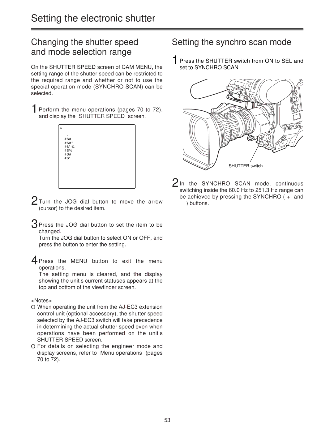 Panasonic AJ-HDC27A Changing the shutter speed and mode selection range, Setting the synchro scan mode 