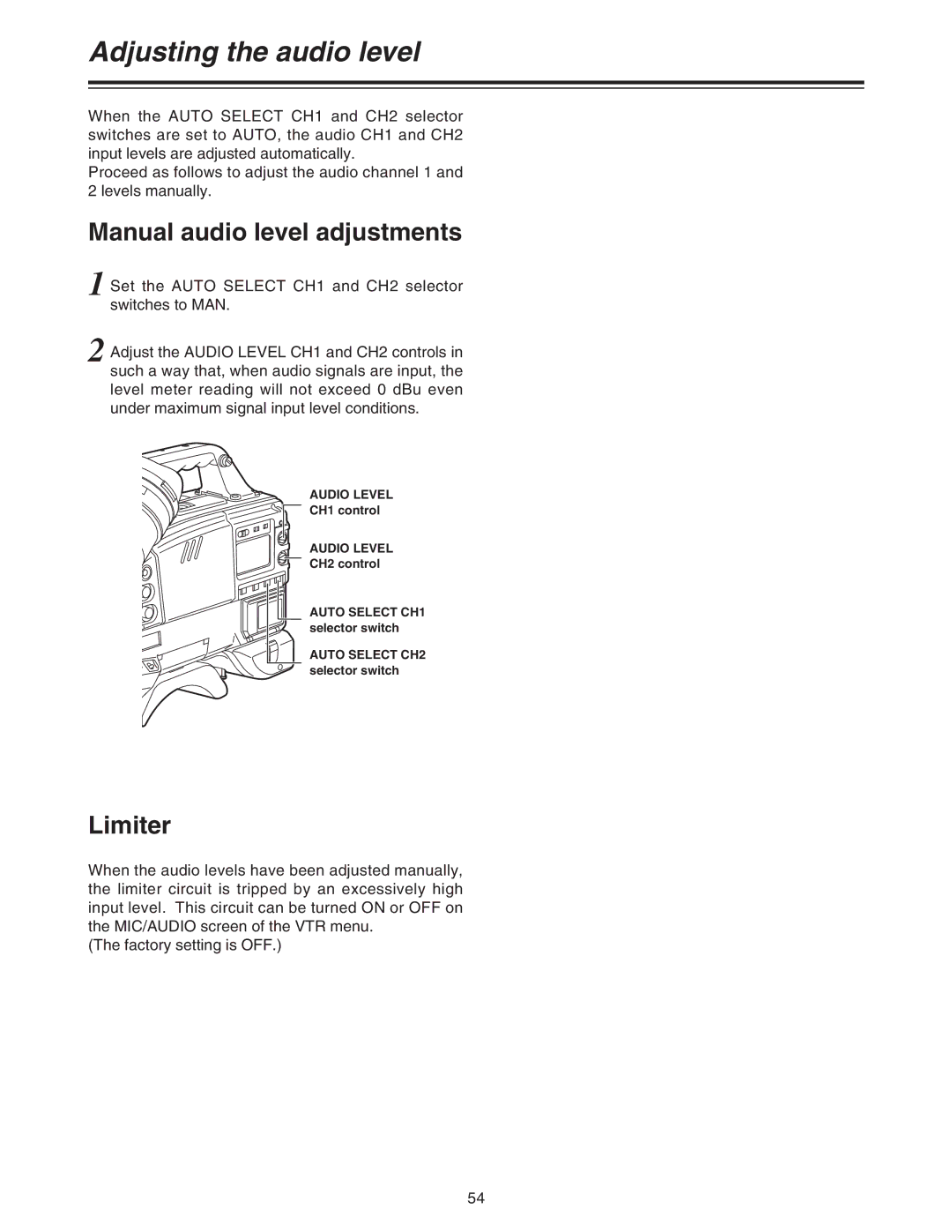 Panasonic AJ-HDC27A Adjusting the audio level, Manual audio level adjustments, Limiter, Audio Level, CH1 control 