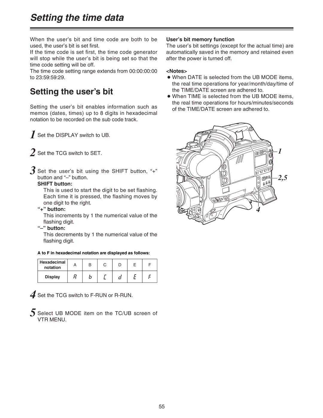 Panasonic AJ-HDC27A Setting the time data, Setting the user’s bit, + button, Button, User’s bit memory function 