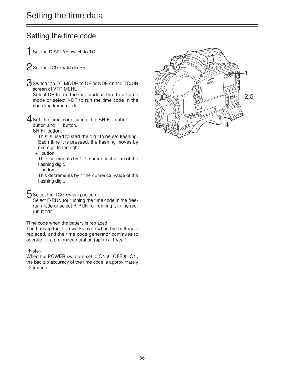 Panasonic AJ-HDC27A operating instructions Setting the time code, Time code when the battery is replaced 