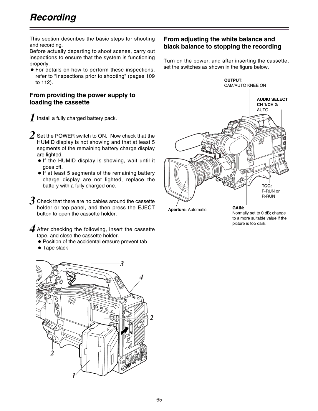 Panasonic AJ-HDC27A operating instructions Recording, From providing the power supply to loading the cassette 