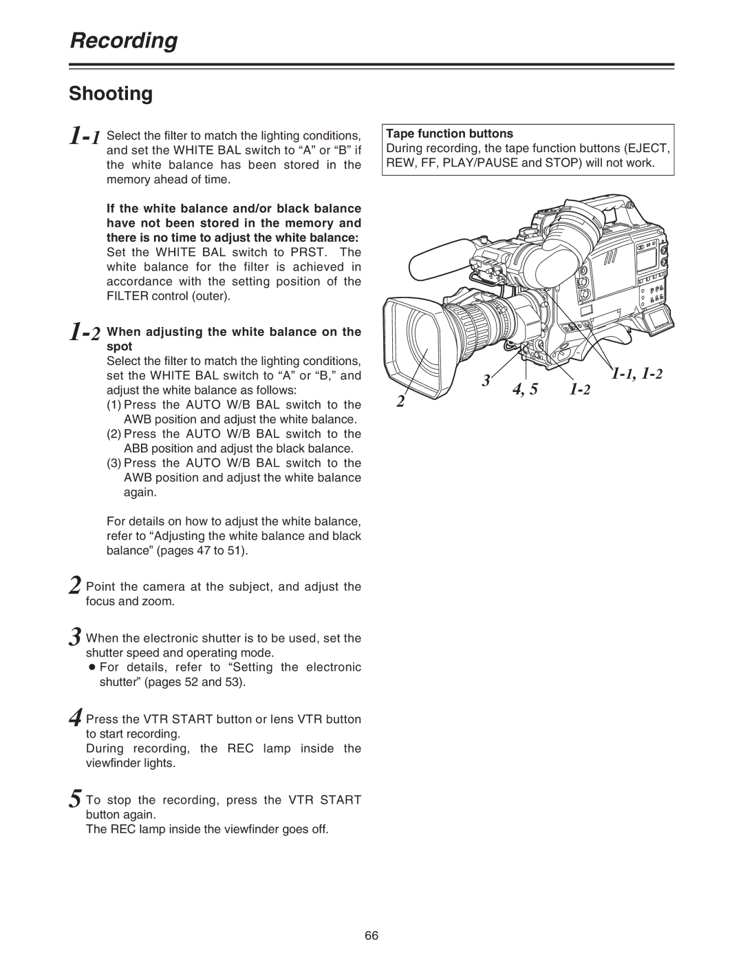 Panasonic AJ-HDC27A operating instructions Shooting, Tape function buttons 