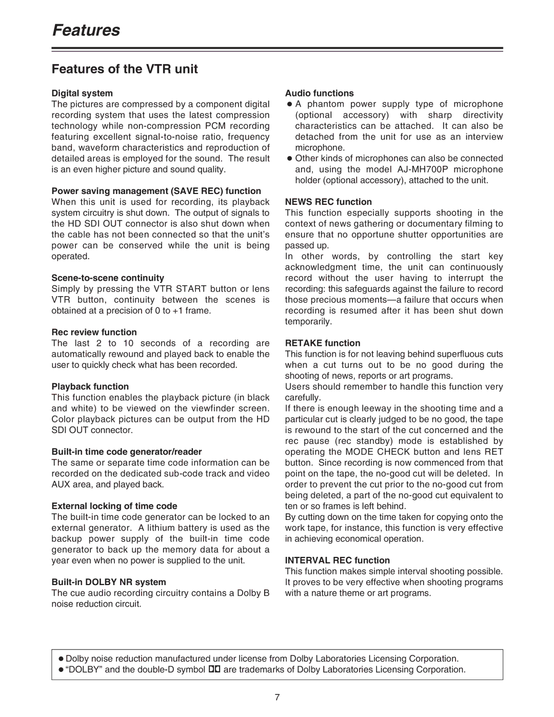 Panasonic AJ-HDC27A operating instructions Features of the VTR unit 