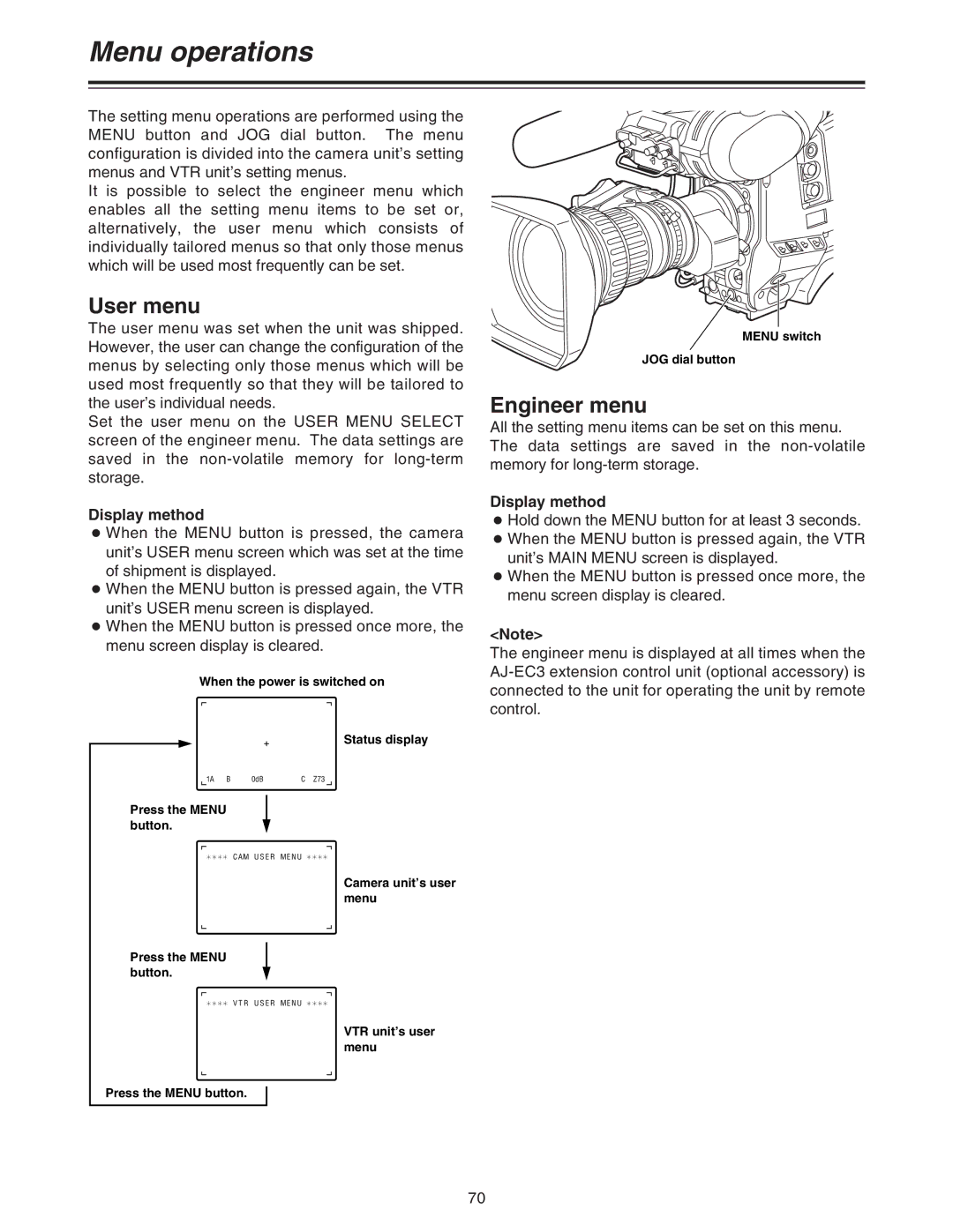 Panasonic AJ-HDC27A operating instructions Menu operations, User menu, Engineer menu, Display method 