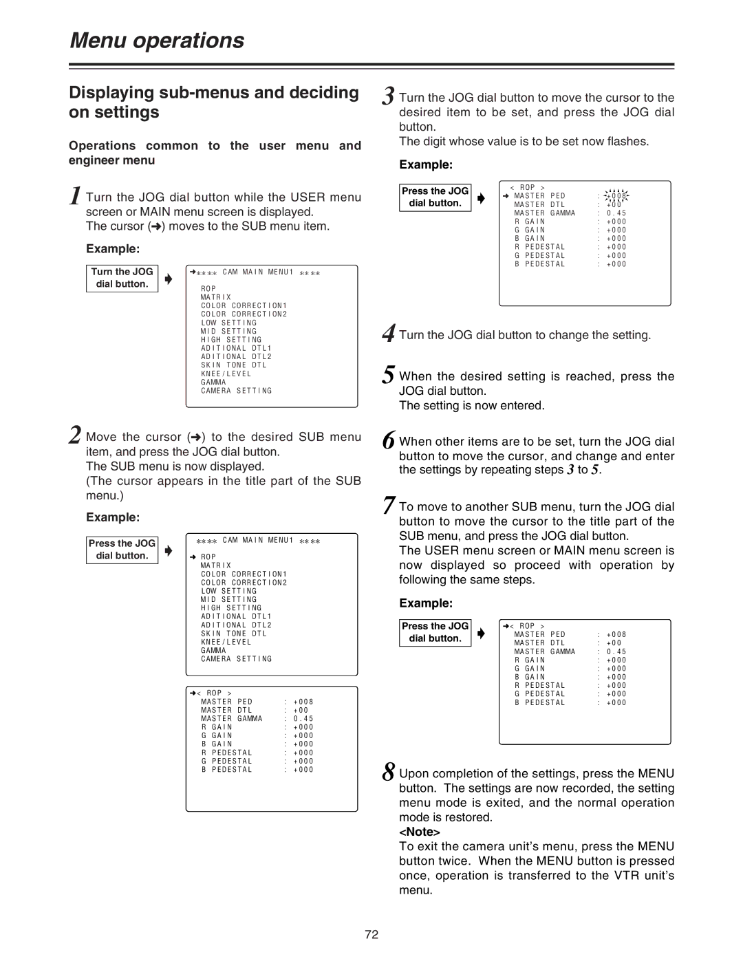 Panasonic AJ-HDC27A Displaying sub-menus and deciding on settings, Operations common to the user menu and engineer menu 