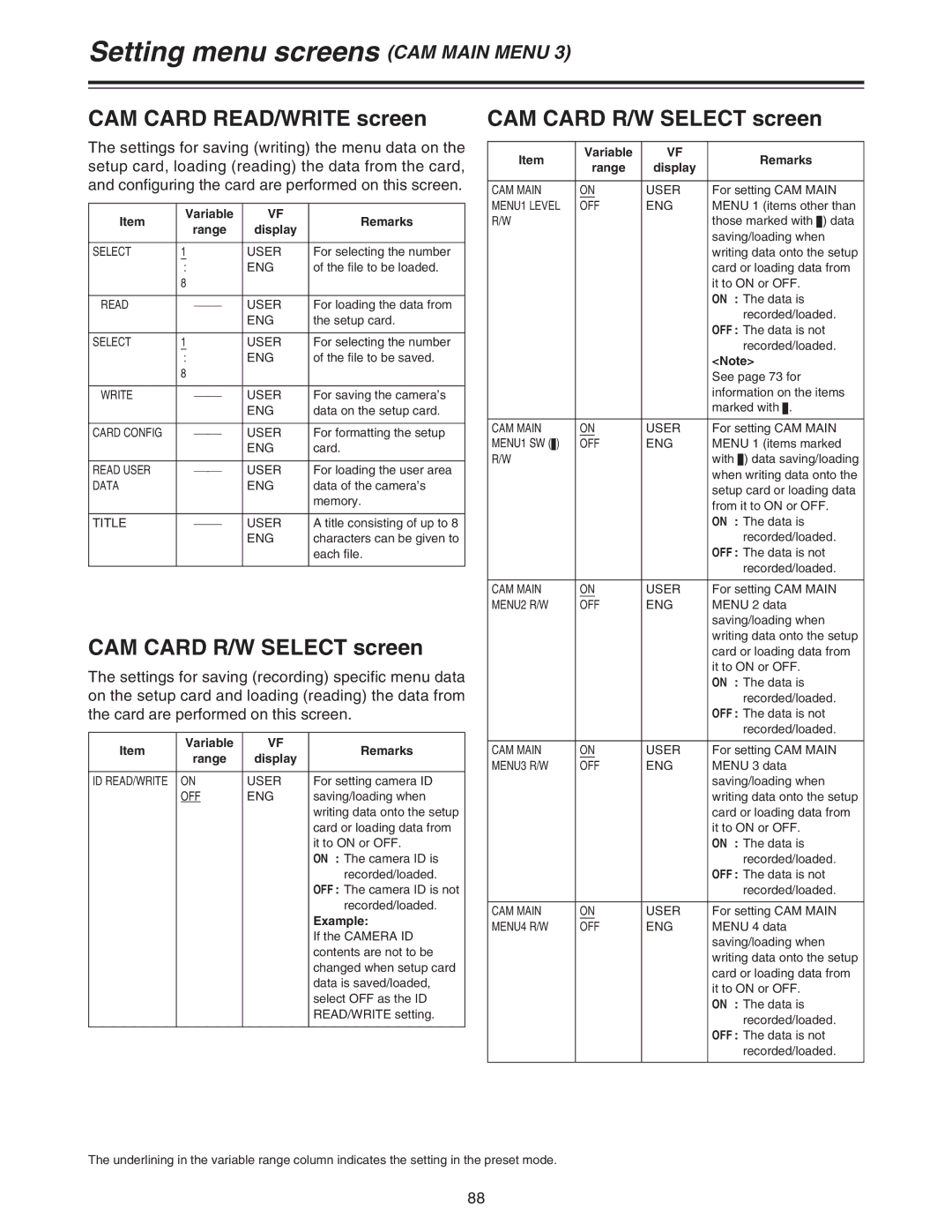 Panasonic AJ-HDC27A operating instructions CAM Card READ/WRITE screen, CAM Card R/W Select screen, Example 