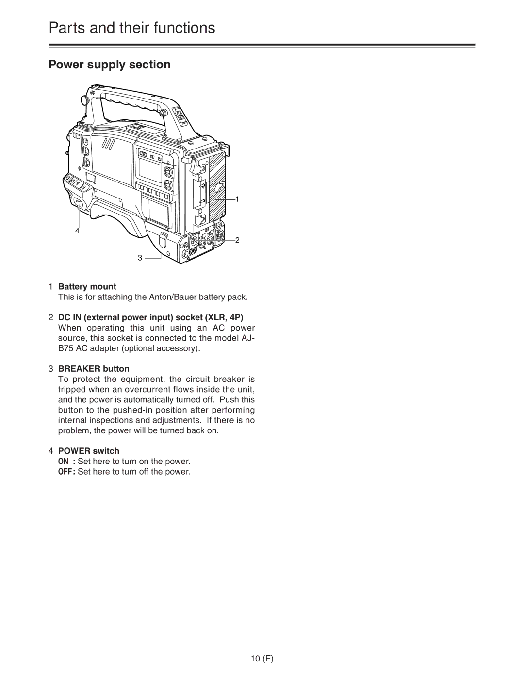 Panasonic AJ-HDC27FE operating instructions Parts and their functions, Power supply section, Battery mount, Power switch 