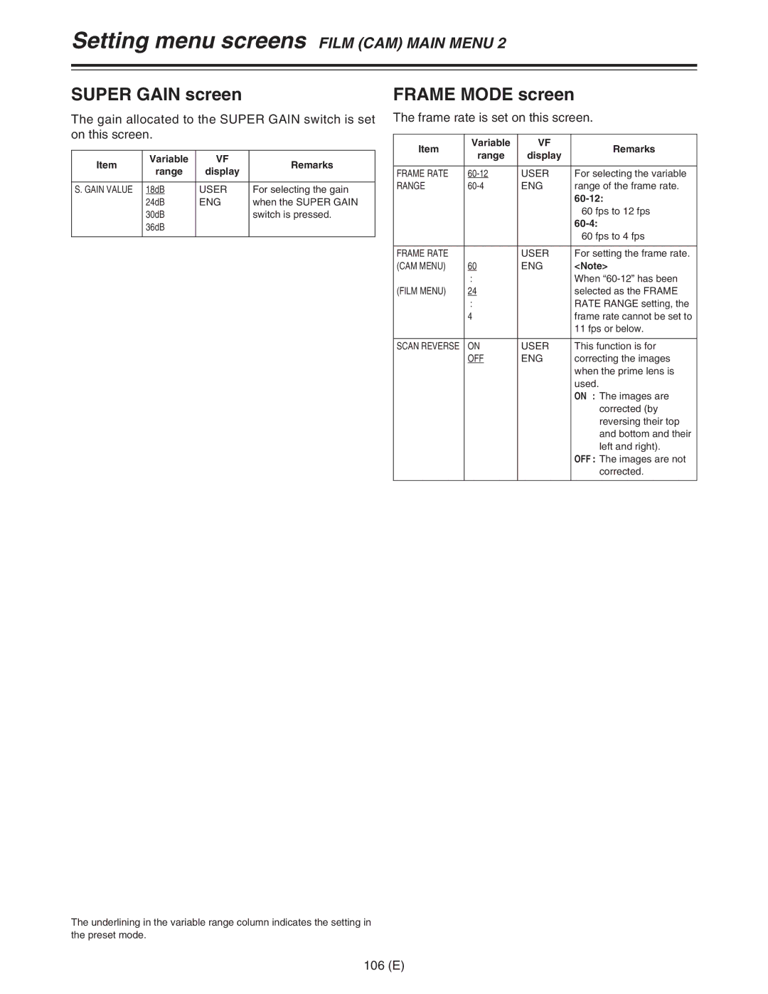 Panasonic AJ-HDC27FE operating instructions Super Gain screen, Frame Mode screen, Frame rate is set on this screen, 106 E 