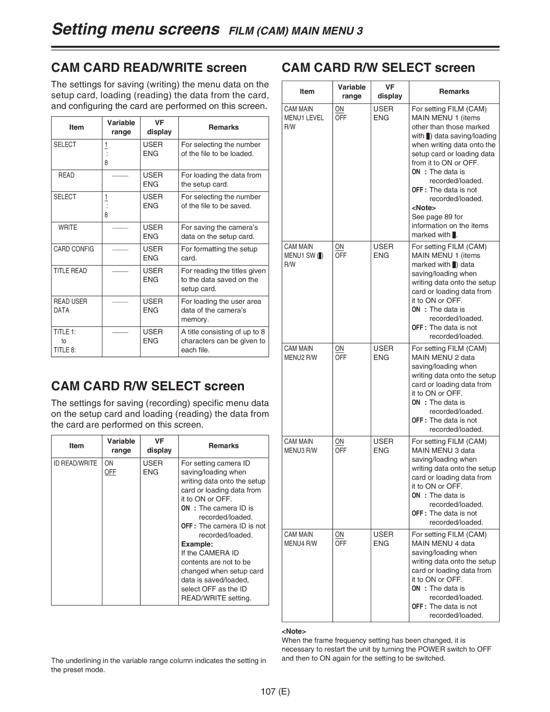 Panasonic AJ-HDC27FE operating instructions CAM Card READ/WRITE screen, CAM Card R/W Select screen, 107 E, Example 