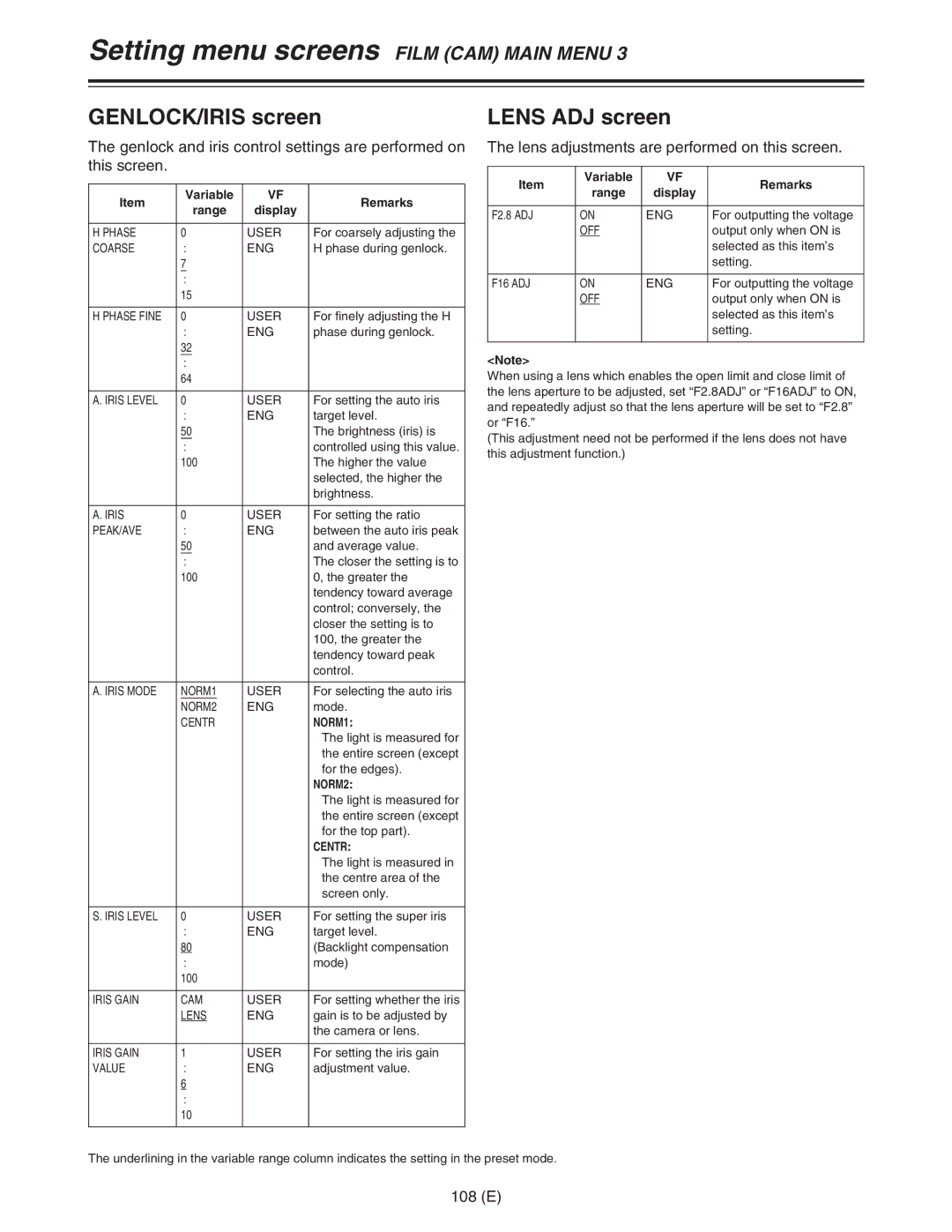 Panasonic AJ-HDC27FE GENLOCK/IRIS screen, Lens ADJ screen, Lens adjustments are performed on this screen, 108 E 