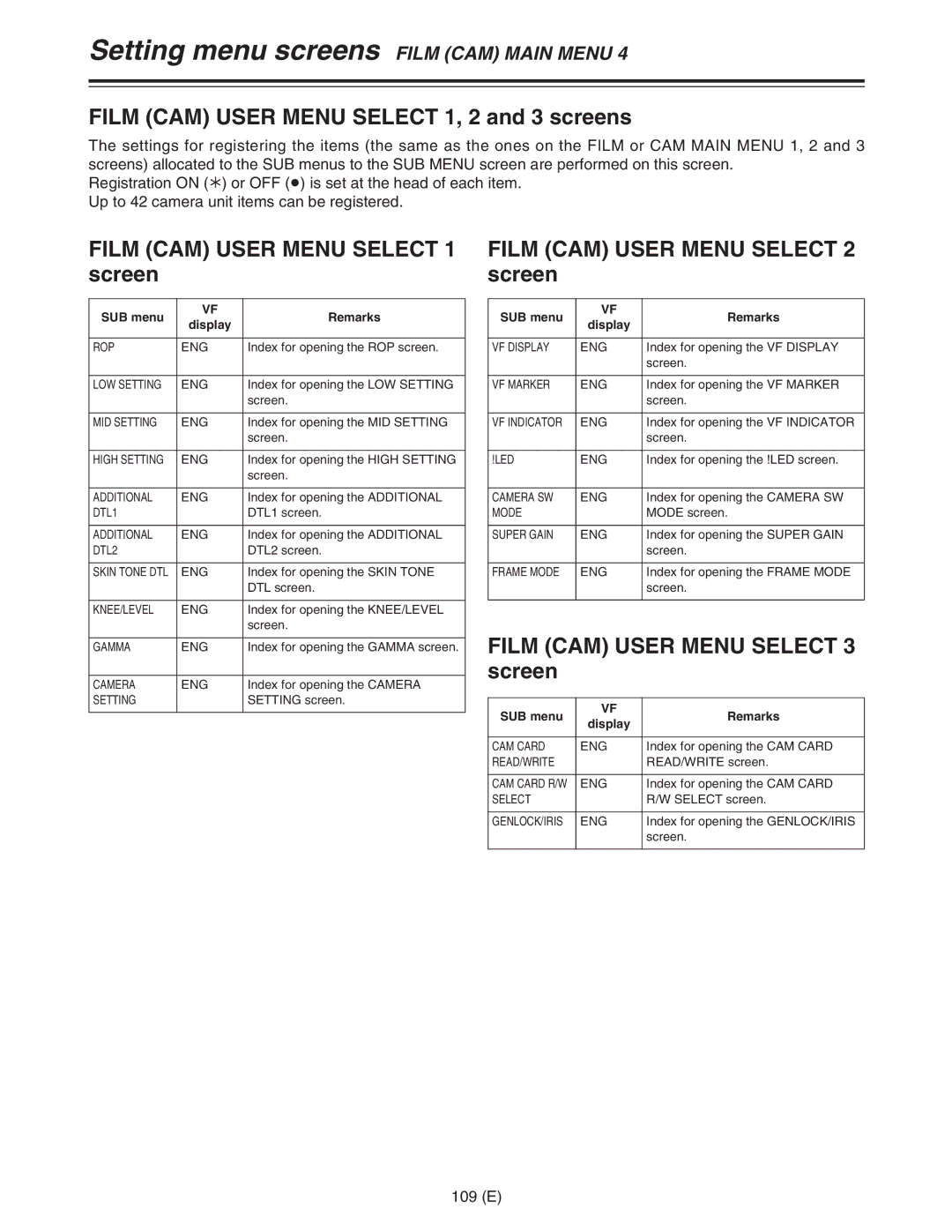 Panasonic AJ-HDC27FE Film CAM User Menu Select 1, 2 and 3 screens, Film CAM User Menu Select 1 screen, 109 E 