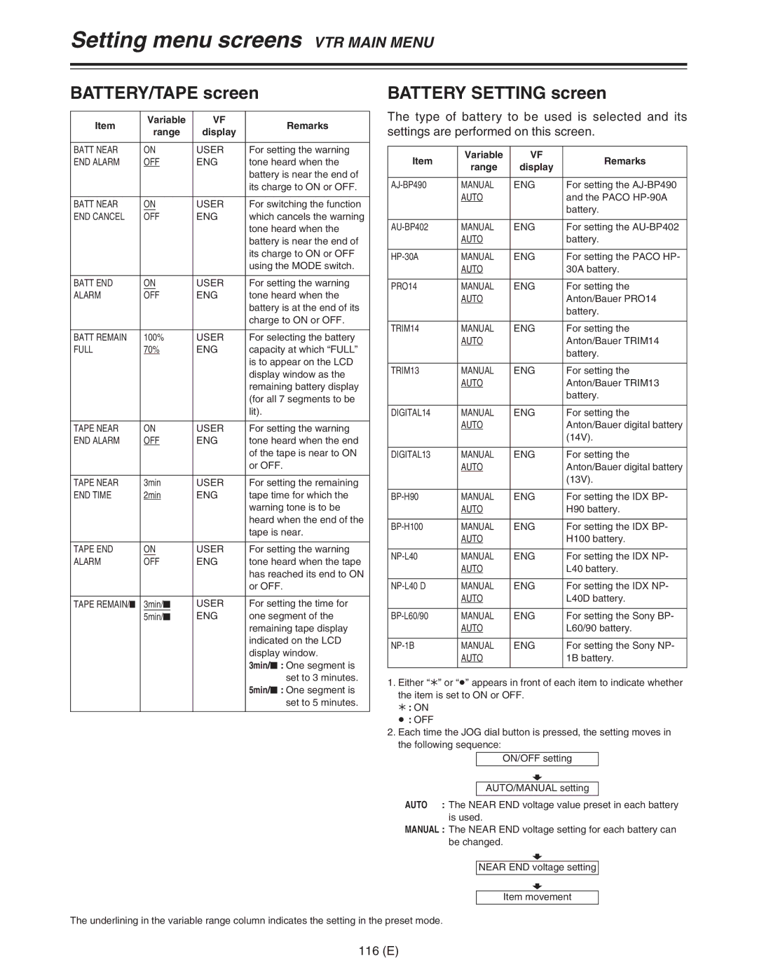 Panasonic AJ-HDC27FE operating instructions Battery Setting screen, 116 E 