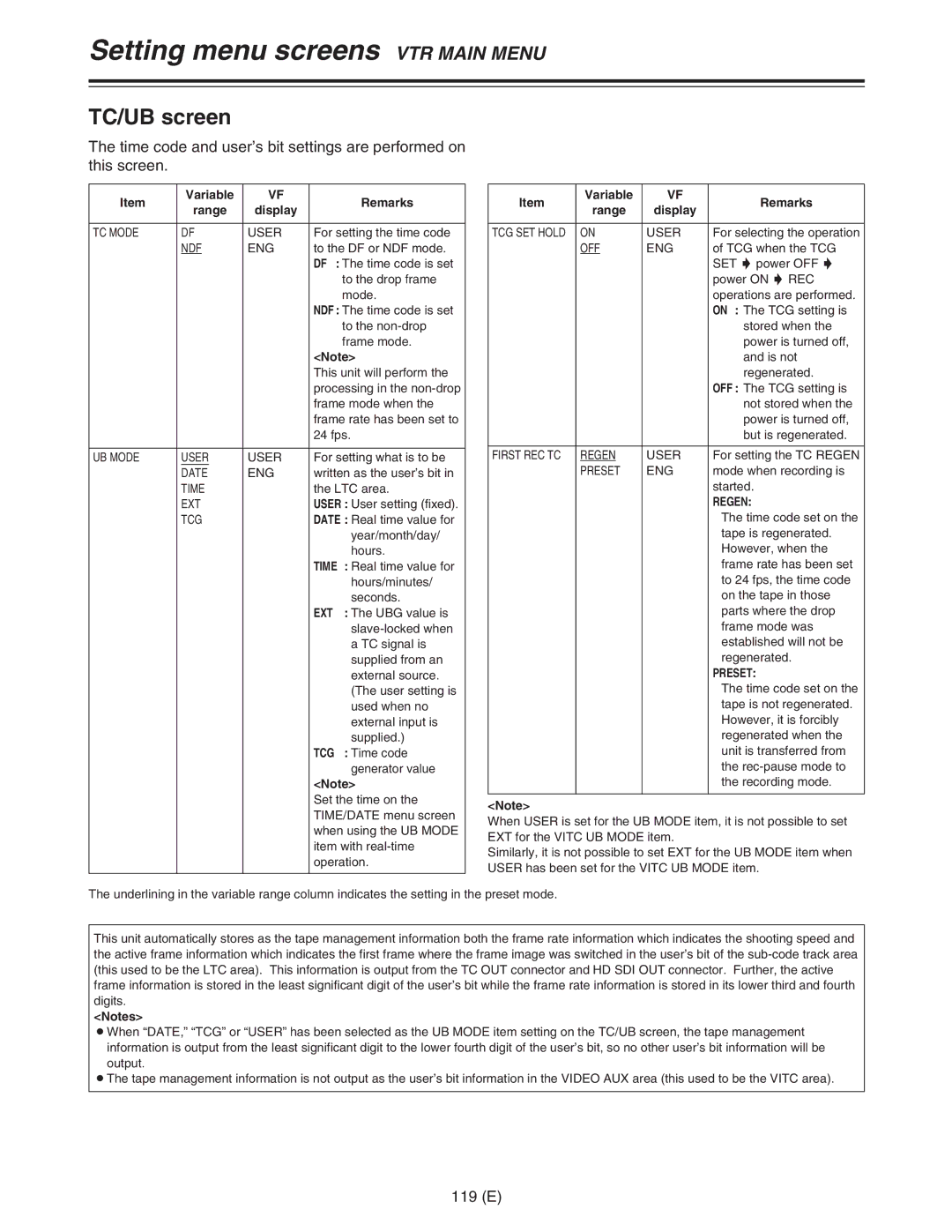 Panasonic AJ-HDC27FE operating instructions TC/UB screen, 119 E 