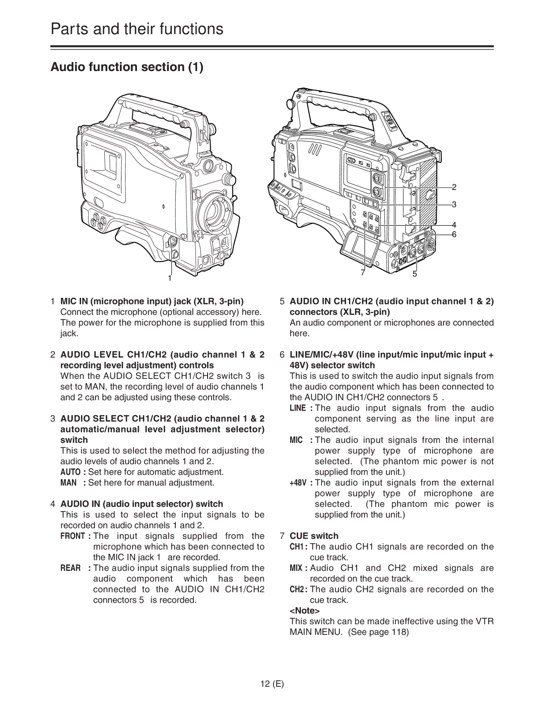 Panasonic AJ-HDC27FE operating instructions Audio function section, Audio in audio input selector switch, CUE switch 