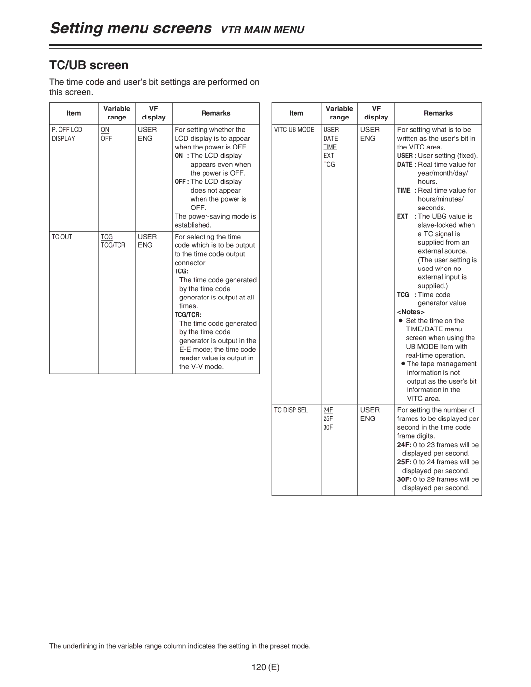 Panasonic AJ-HDC27FE operating instructions 120 E, Tcg/Tcr, Time 