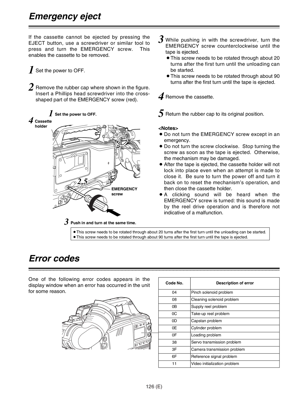 Panasonic AJ-HDC27FE operating instructions Emergency eject, Error codes, 126 E 