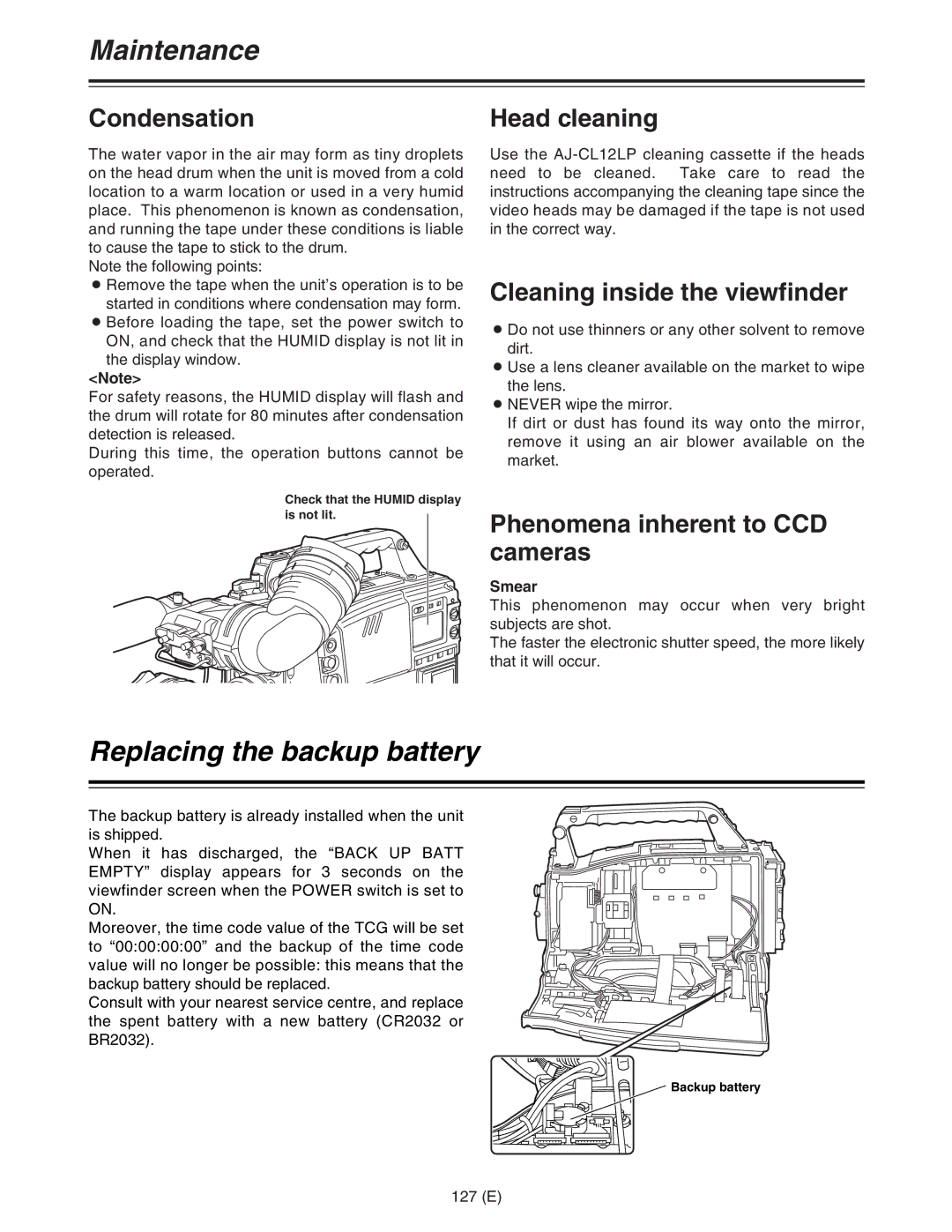 Panasonic AJ-HDC27FE Maintenance, Replacing the backup battery, Condensation Head cleaning, Cleaning inside the viewfinder 