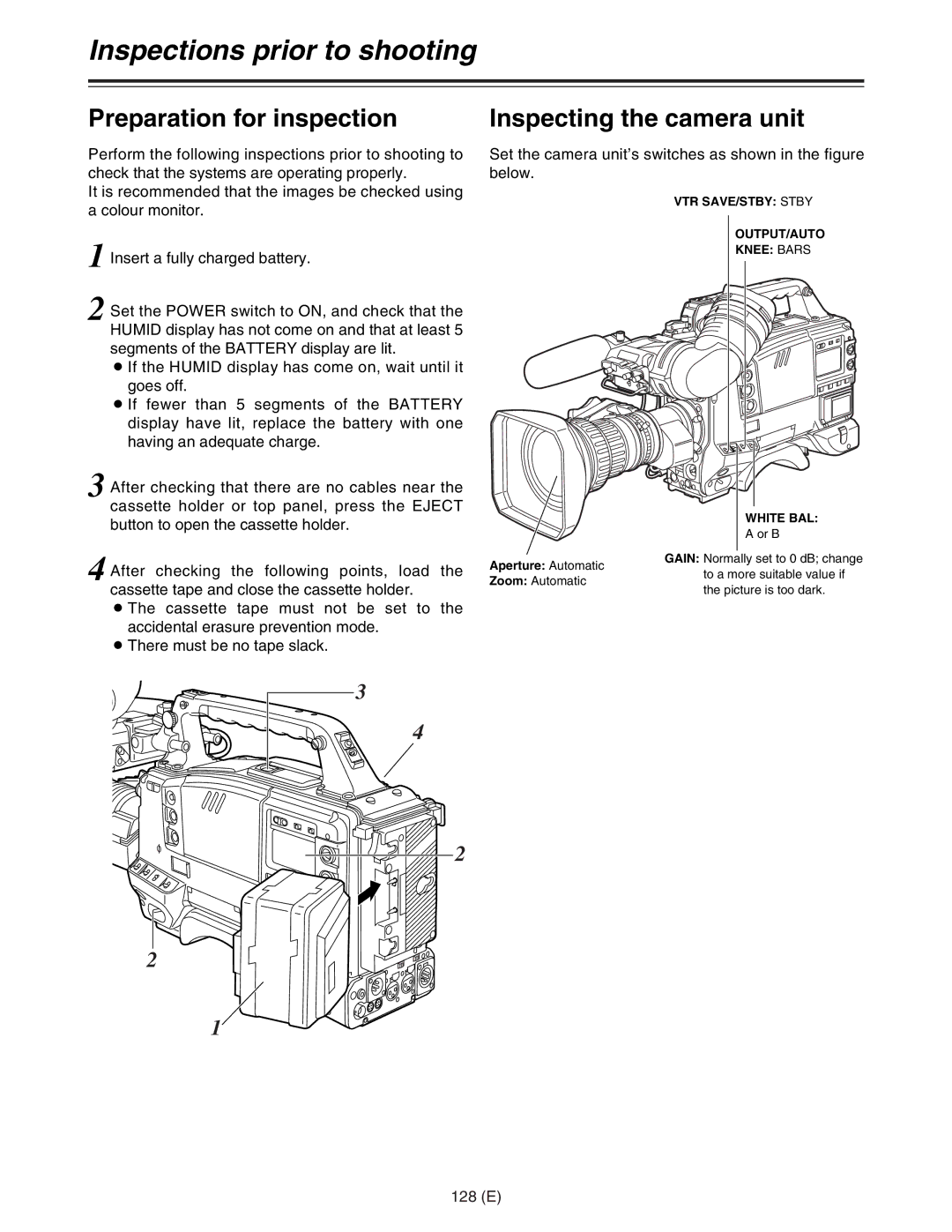 Panasonic AJ-HDC27FE operating instructions Inspections prior to shooting, 128 E 