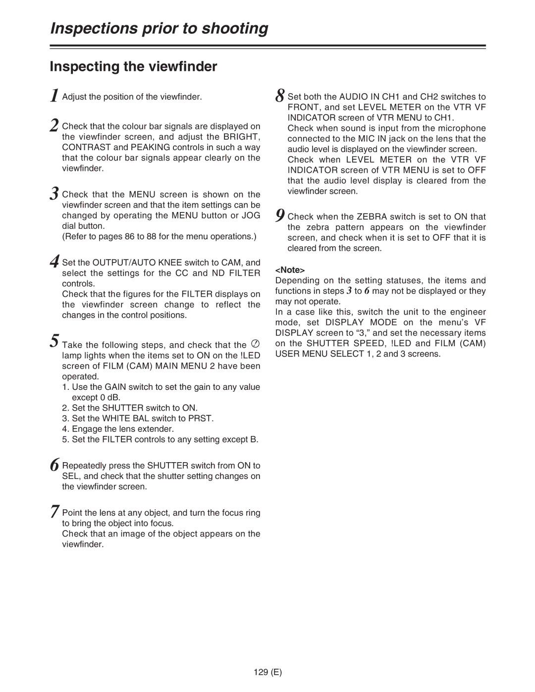 Panasonic AJ-HDC27FE operating instructions Inspections prior to shooting, Inspecting the viewfinder 