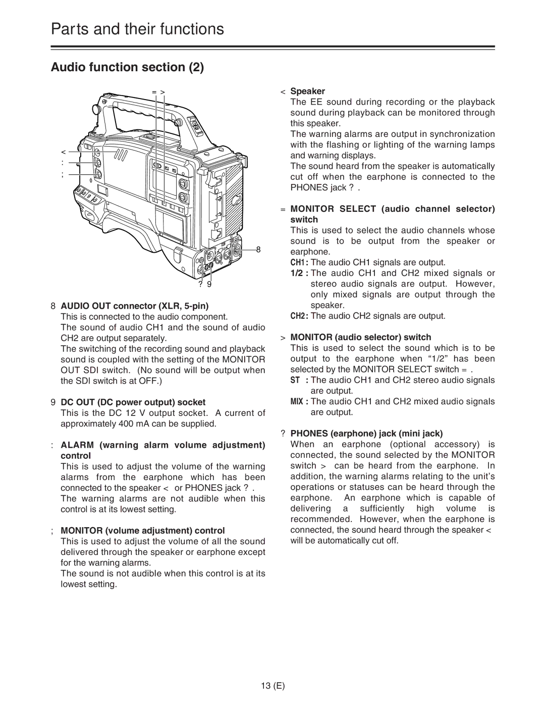 Panasonic AJ-HDC27FE DC OUT DC power output socket, Alarm warning alarm volume adjustment control, Speaker 