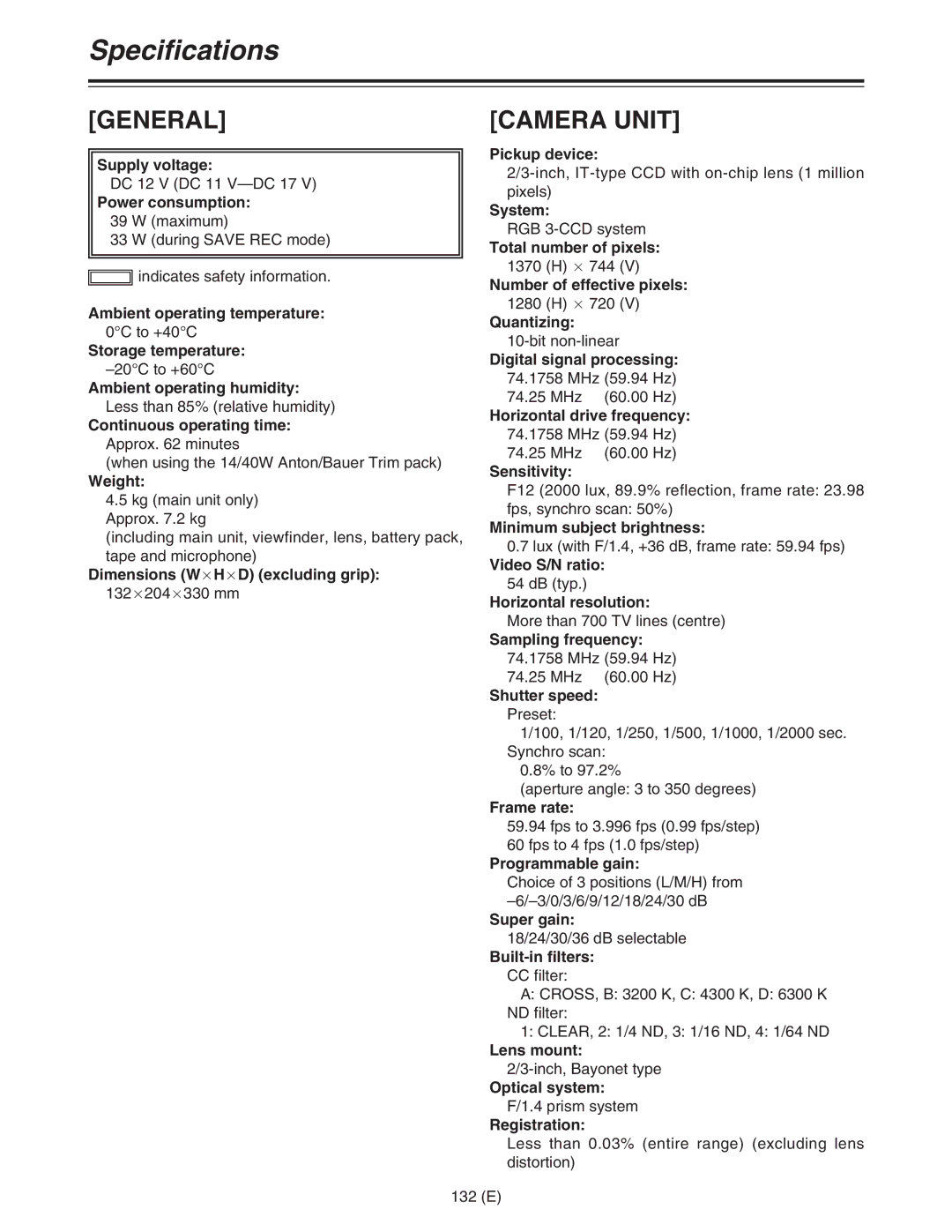 Panasonic AJ-HDC27FE operating instructions Specifications 