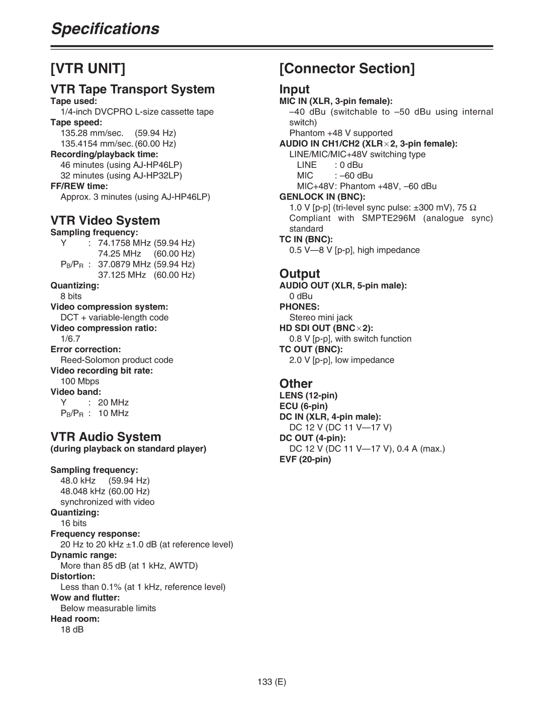 Panasonic AJ-HDC27FE operating instructions Connector Section 