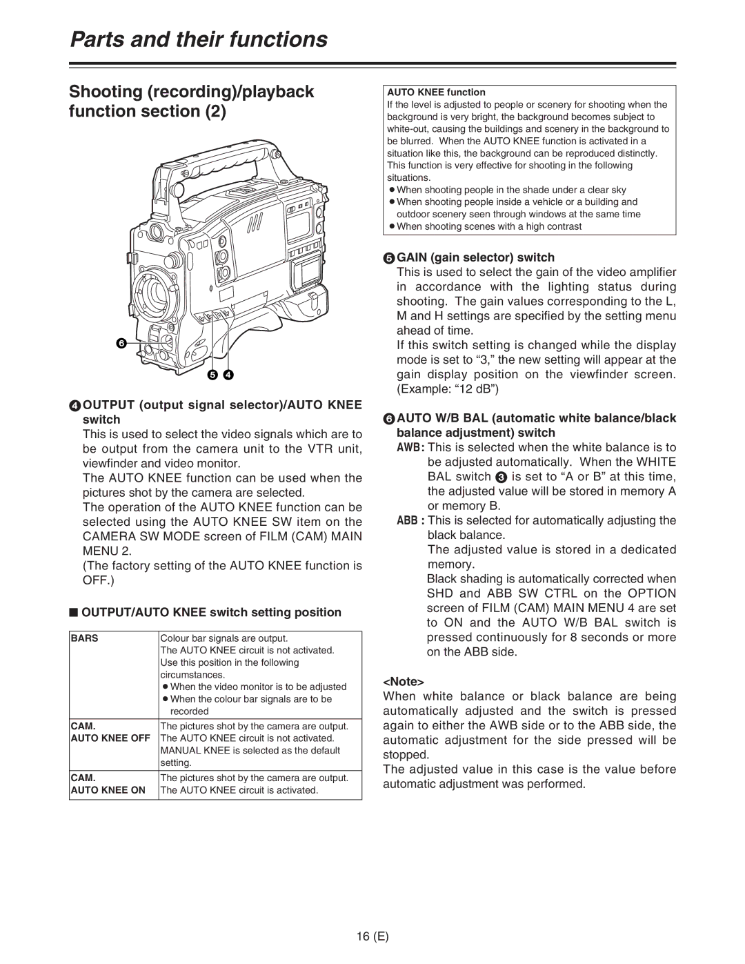 Panasonic AJ-HDC27FE Output output signal selector/AUTO Knee switch, $ OUTPUT/AUTO Knee switch setting position 