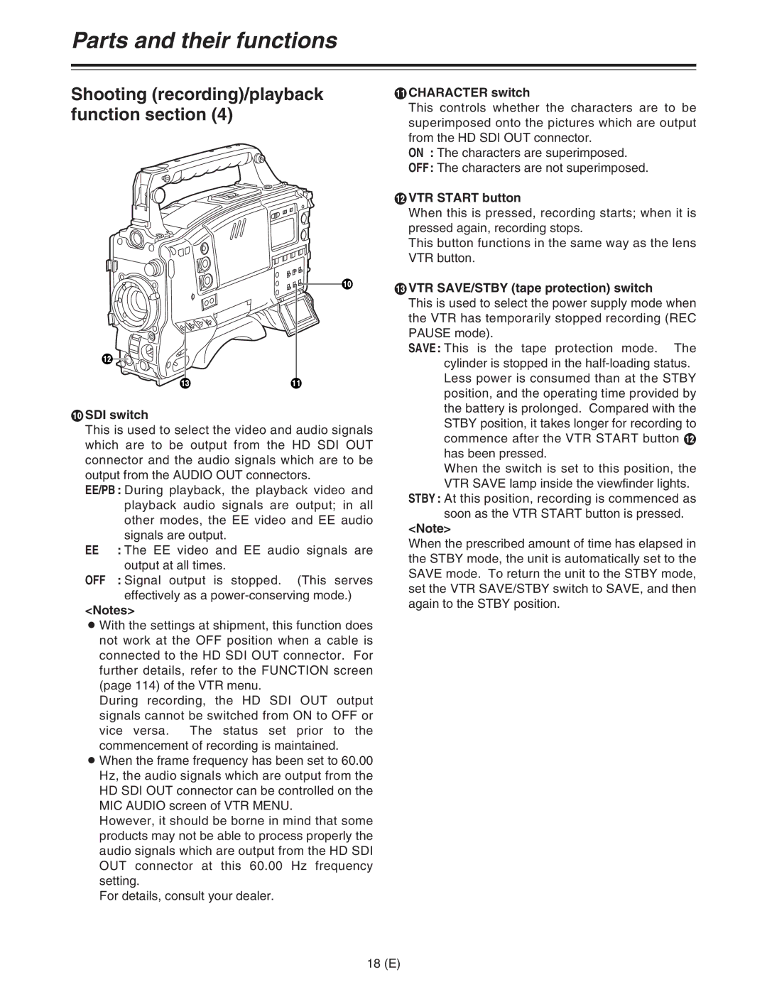 Panasonic AJ-HDC27FE SDI switch, Character switch, VTR Start button, = VTR SAVE/STBY tape protection switch 