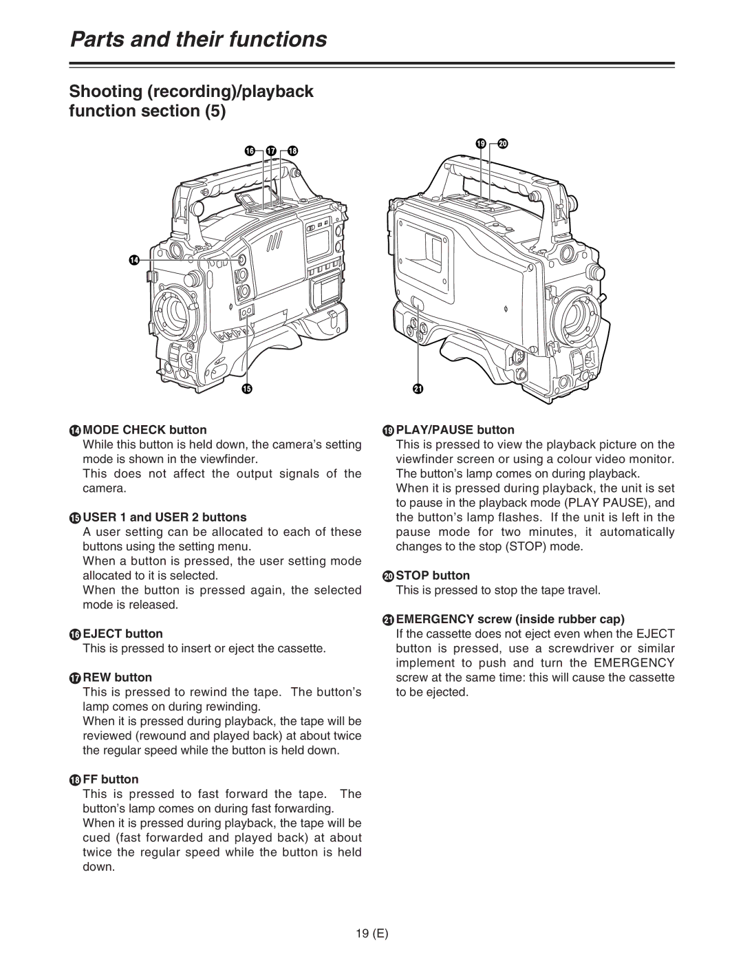 Panasonic AJ-HDC27FE Mode Check button, ? User 1 and User 2 buttons, @ Eject button, REW button, FF button, Stop button 