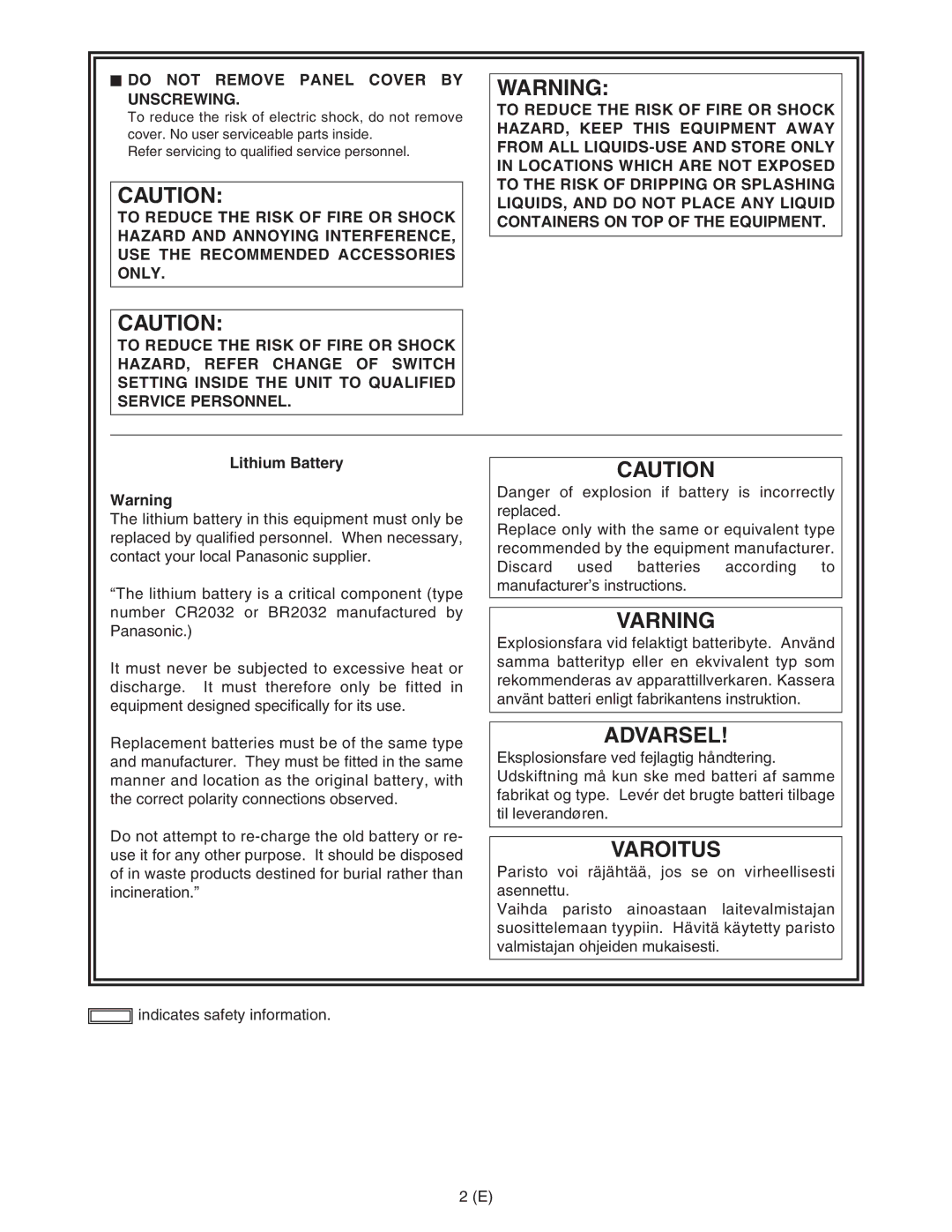 Panasonic AJ-HDC27FE operating instructions $ do not Remove Panel Cover by Unscrewing, Lithium Battery 