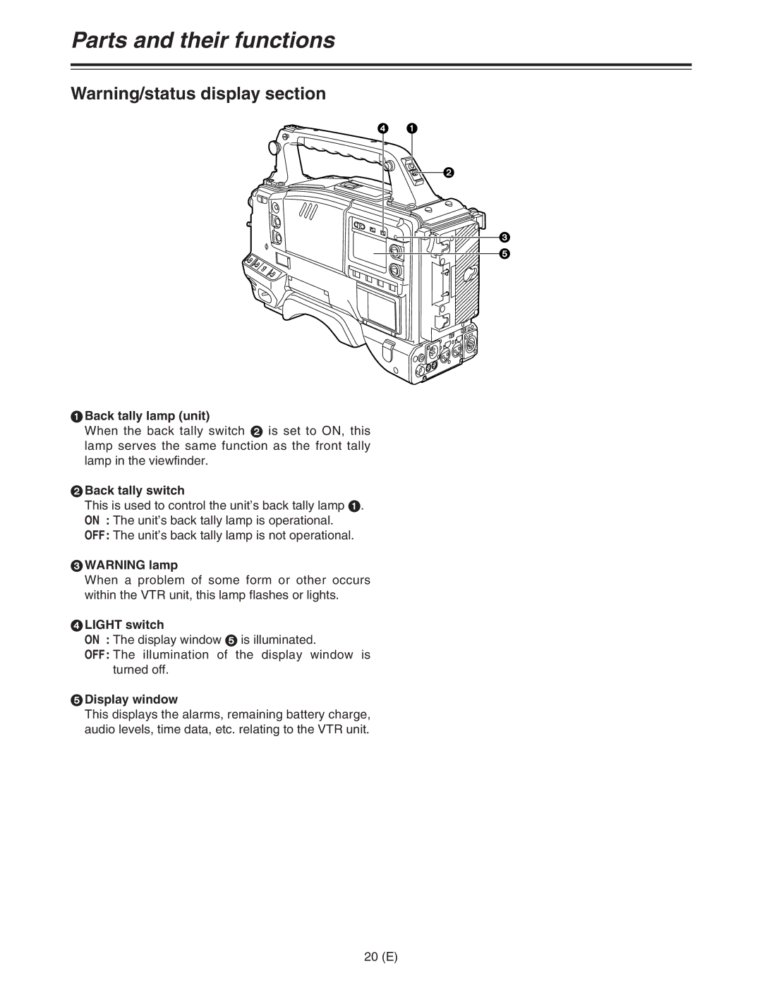 Panasonic AJ-HDC27FE operating instructions Back tally lamp unit, Back tally switch, Light switch, Display window 