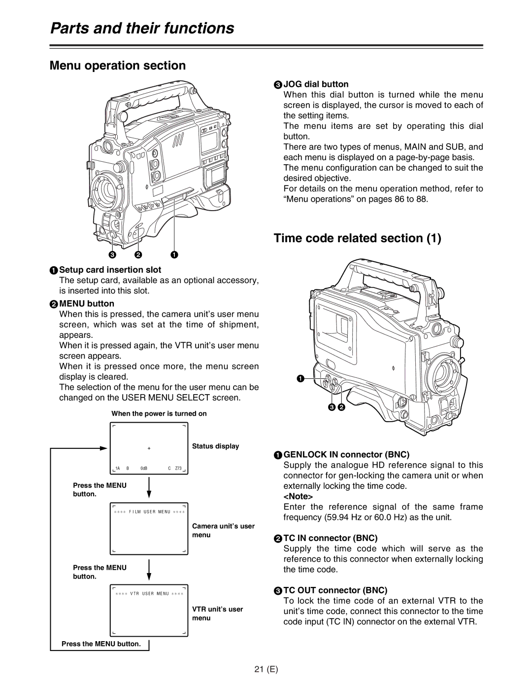 Panasonic AJ-HDC27FE operating instructions Parts and their functions, Menu operation section, Time code related section 