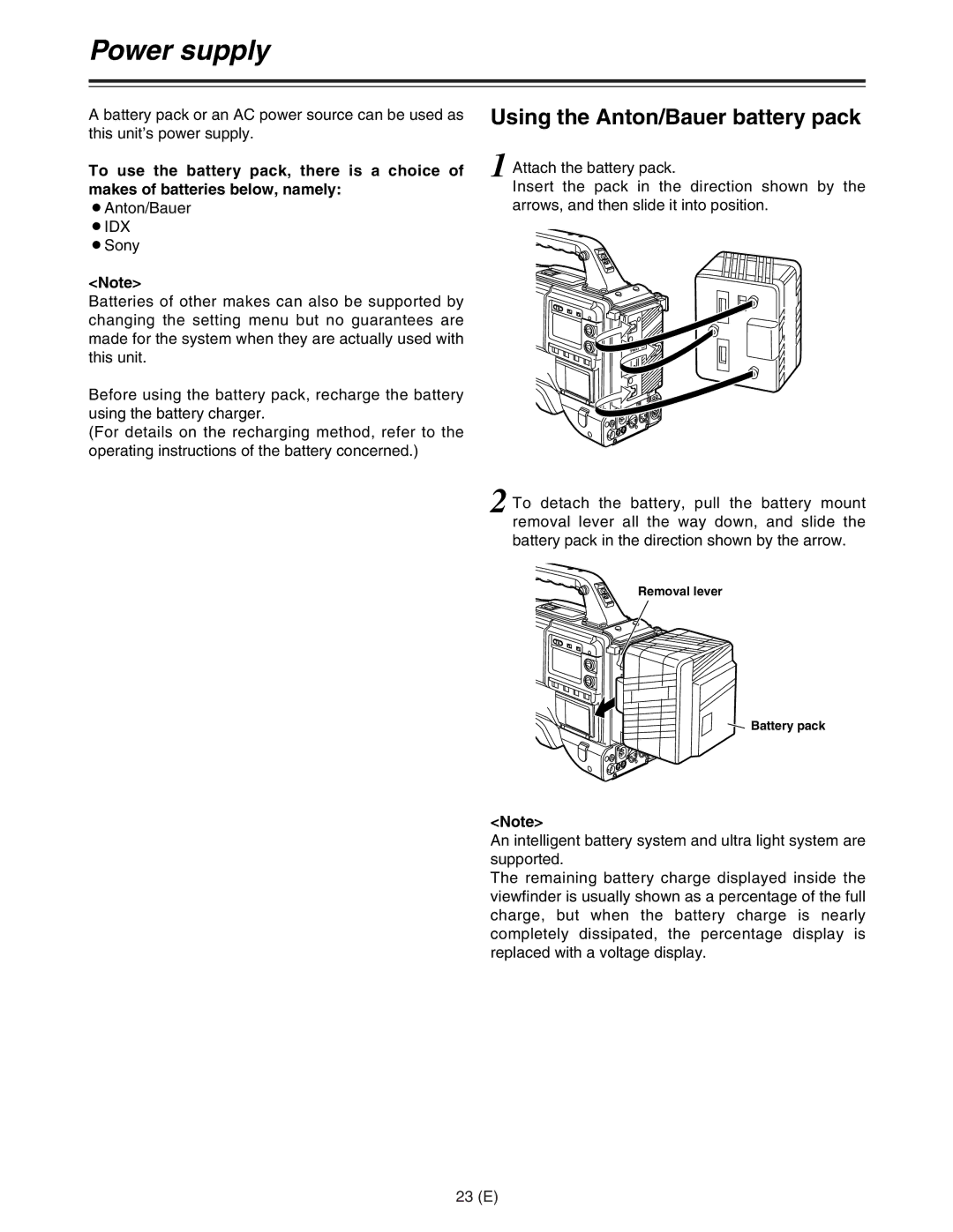 Panasonic AJ-HDC27FE operating instructions Power supply, Using the Anton/Bauer battery pack, 23 E 