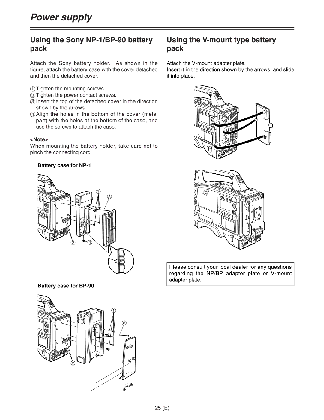 Panasonic AJ-HDC27FE operating instructions Battery case for NP-1, Battery case for BP-90, 25 E 