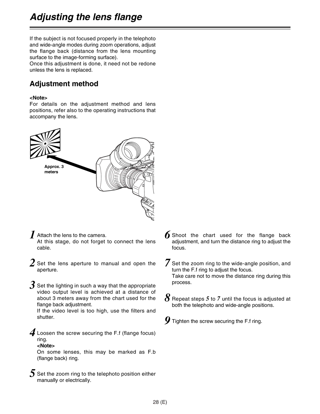 Panasonic AJ-HDC27FE operating instructions Adjusting the lens flange, Adjustment method, 28 E 