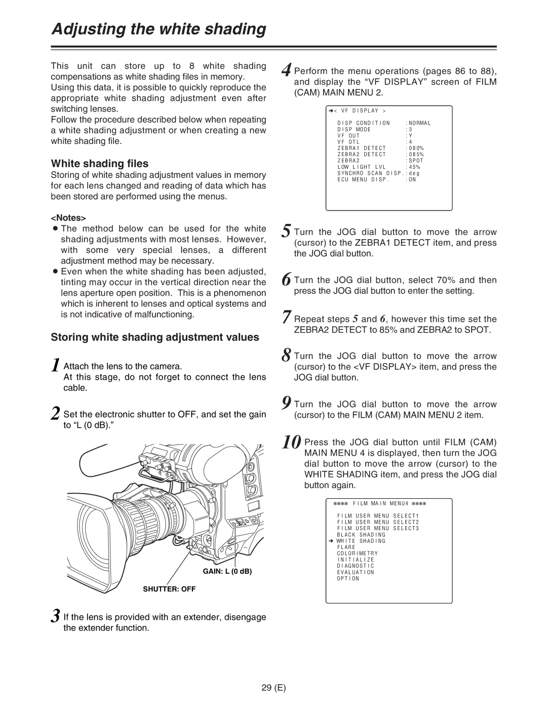 Panasonic AJ-HDC27FE Adjusting the white shading, White shading files, Storing white shading adjustment values, 29 E 