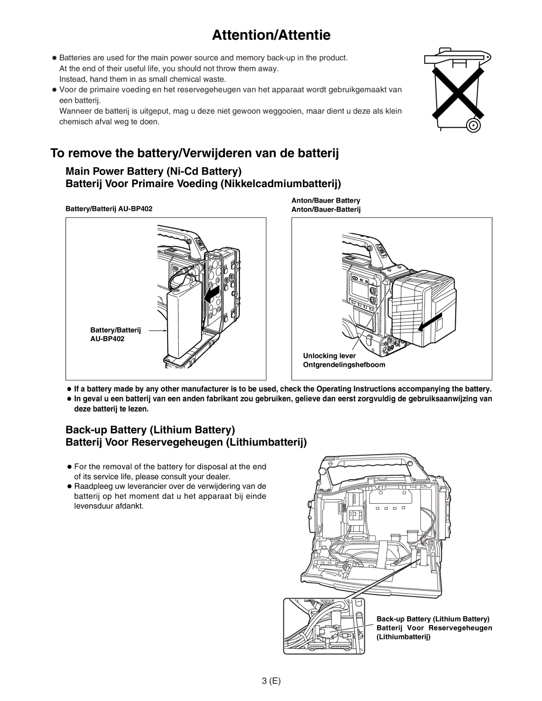 Panasonic AJ-HDC27FE operating instructions To remove the battery/Verwijderen van de batterij 