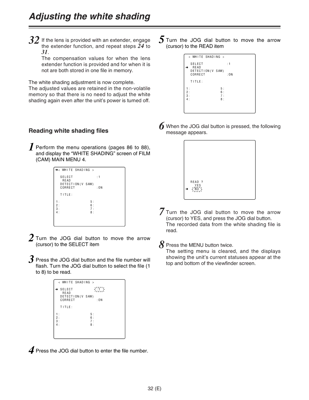 Panasonic AJ-HDC27FE operating instructions Reading white shading files, 32 E 