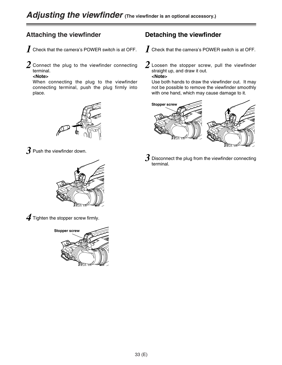 Panasonic AJ-HDC27FE operating instructions Attaching the viewfinder, 33 E 