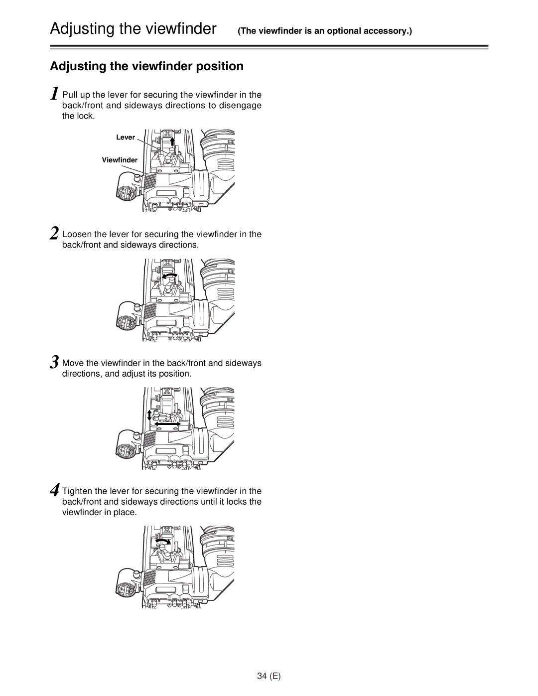 Panasonic AJ-HDC27FE operating instructions Adjusting the viewfinder position, 34 E 