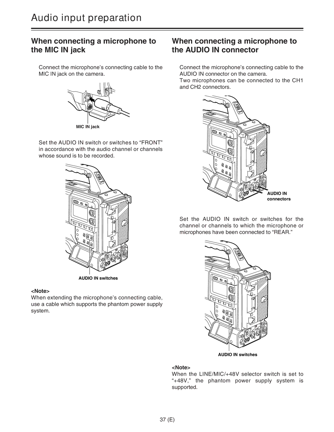 Panasonic AJ-HDC27FE operating instructions Audio input preparation, When connecting a microphone to the MIC in jack 