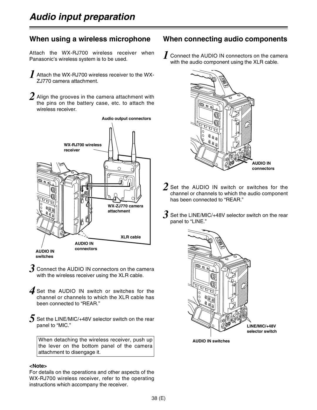 Panasonic AJ-HDC27FE operating instructions When using a wireless microphone, When connecting audio components, 38 E 